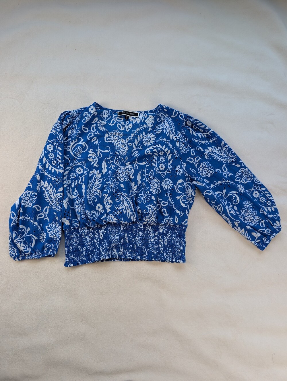 Melanie Lyne Paisley Smocked Waist Blouse Blue White Size M - Picture 7 of 17